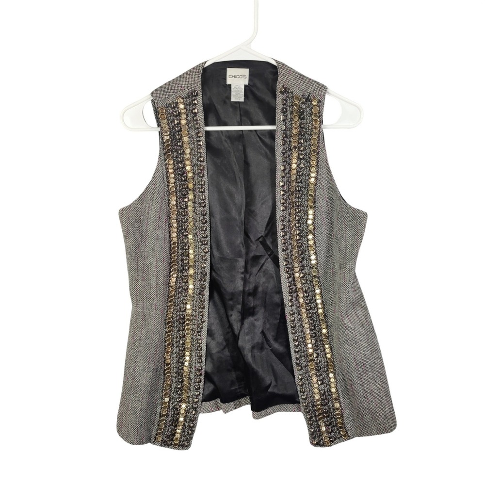 Chic's Womens Glam Punk Rocker Edgy Wool Blend Tweed Vest 0 S Gray Studded Metal